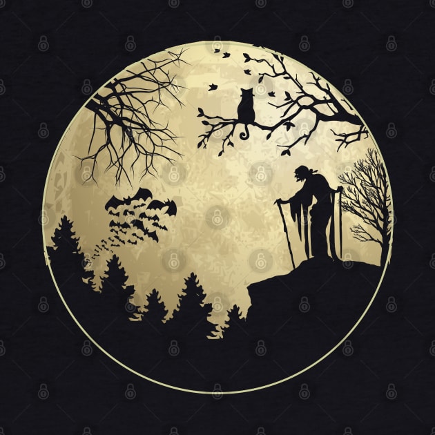 Halloween Night Full Moon Forest Trees Owl Witch Bats by CoffeeandTeas